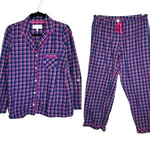Victorias Secret Y2k Plaid Flannel Pajama Set Med Cottage 2010s Pom Pom Metallic